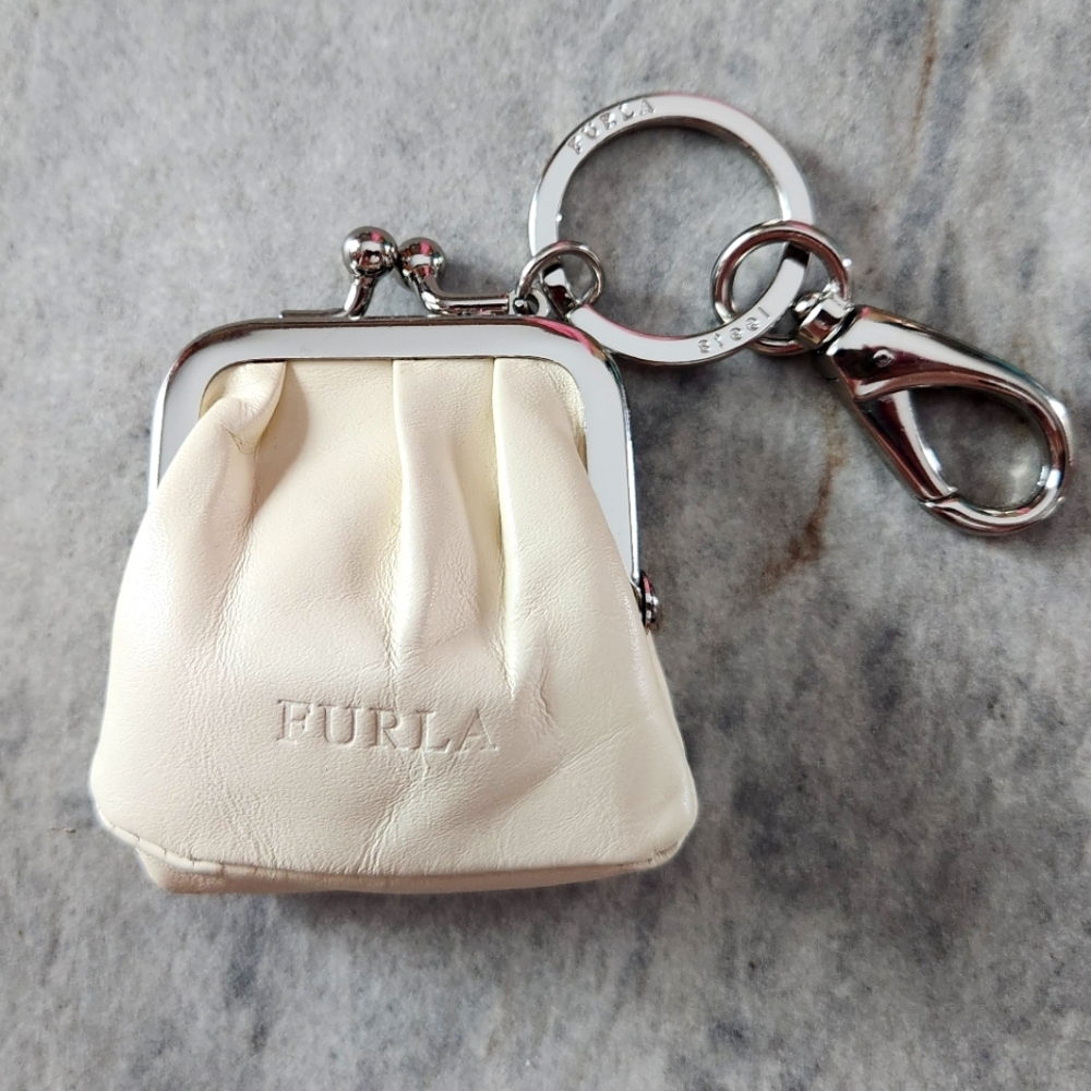 Furla Mini Coin Purse with Clasp and Keychain in Cream